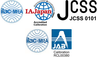 ISO/IEC17025認定校正（国際MRA対応校正）およびJAB（公益財団法人 日本適合性認定協会）のロゴ