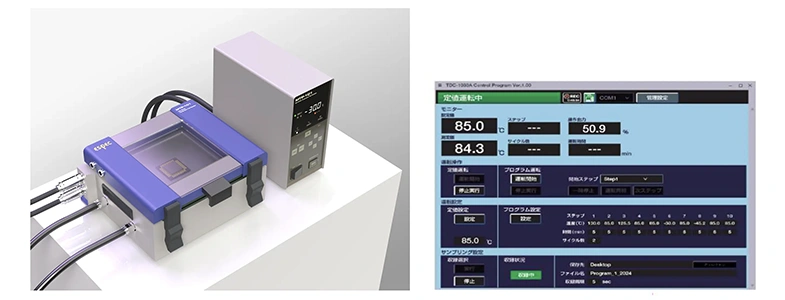 卓上型無風恒温槽「ワンデバイスチャンバー」MTP-101とPC専用ソフトウェア画面の画像