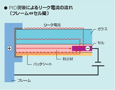 PID現象によるリーク電流の流れ（フレーム⇔セル間）