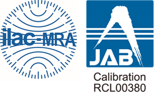 ISO/IEC17025認定校正（国際MRA対応校正）およびJAB（公益財団法人 日本適合性認定協会）のロゴ