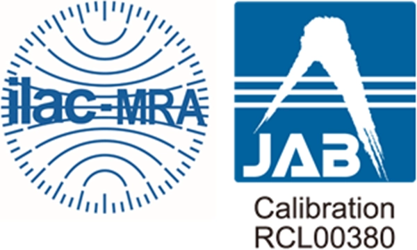 ISO/IEC17025認定校正（国際MRA対応校正）およびJAB（公益財団法人 日本適合性認定協会）のロゴ